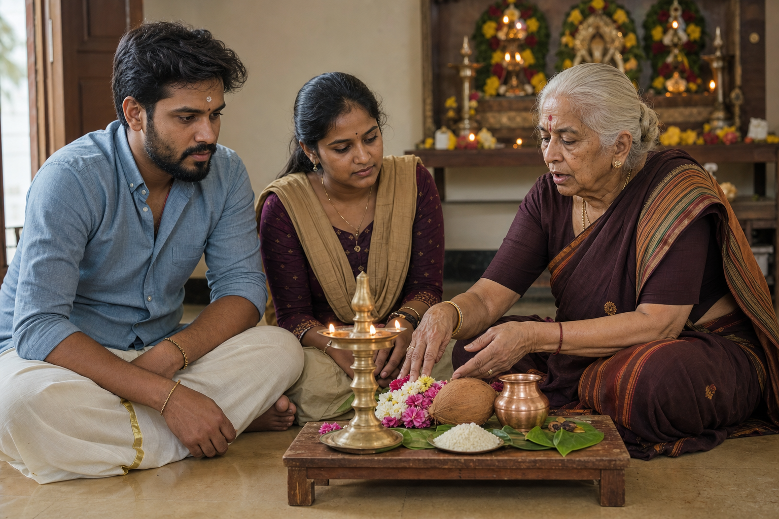 An elderly Tamil woman shows younger relatives how her family arranges lamps, flowers, rice, and other ritual items.