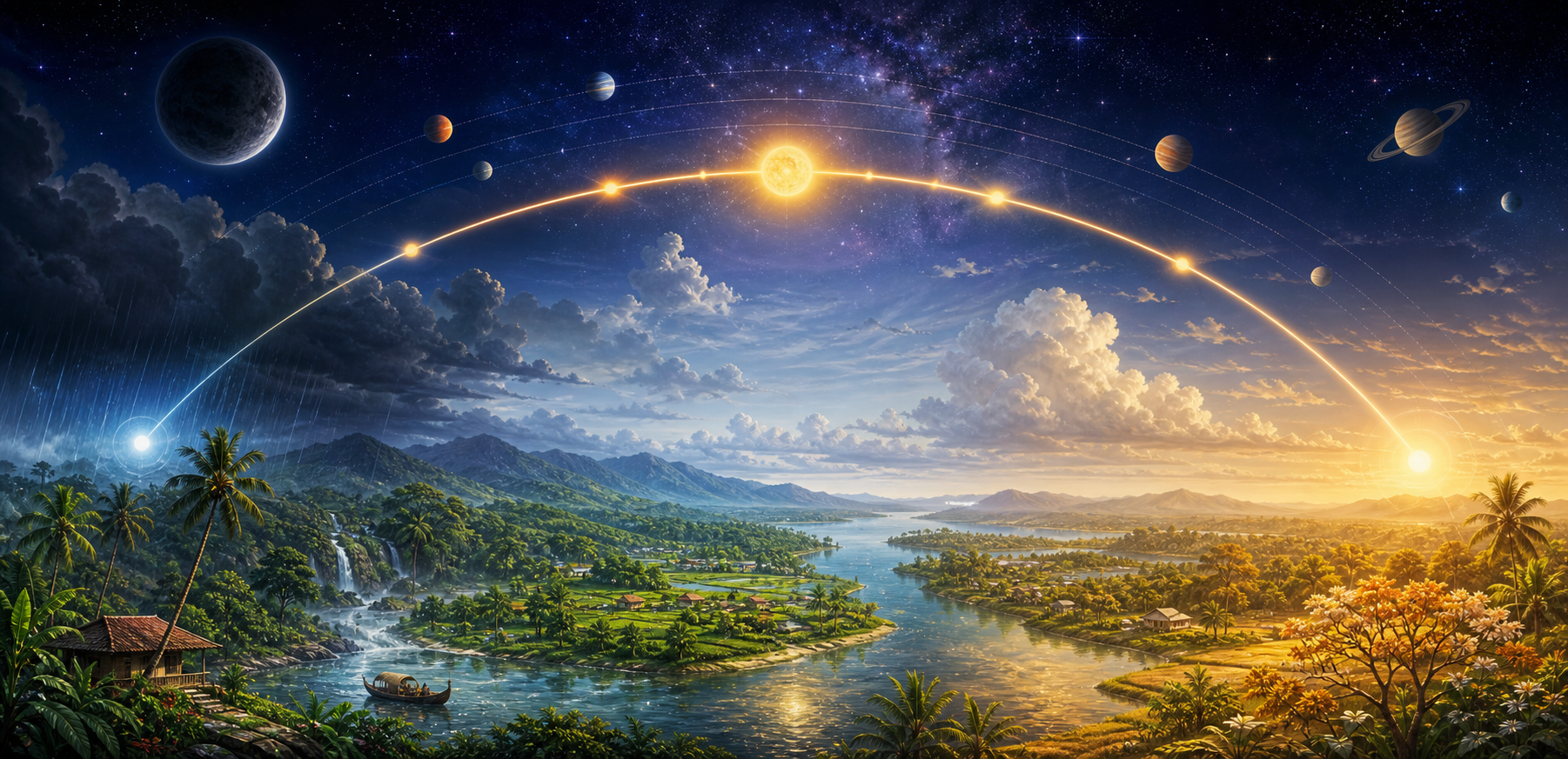 Planets follow layered paths above a Kerala landscape that shifts through rain, lush growth, clear weather and golden spring.