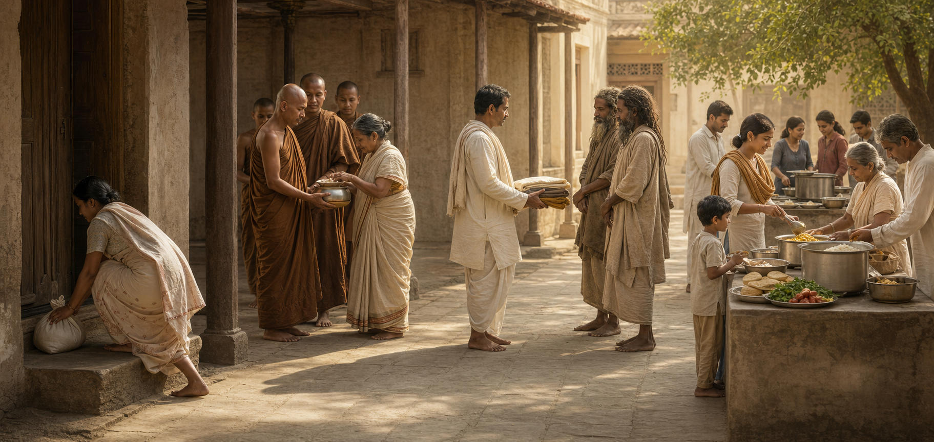 Four connected scenes show a food parcel left quietly at a doorway, food offered to monastics, provisions given to ascetics, and volunteers serving a communal meal.