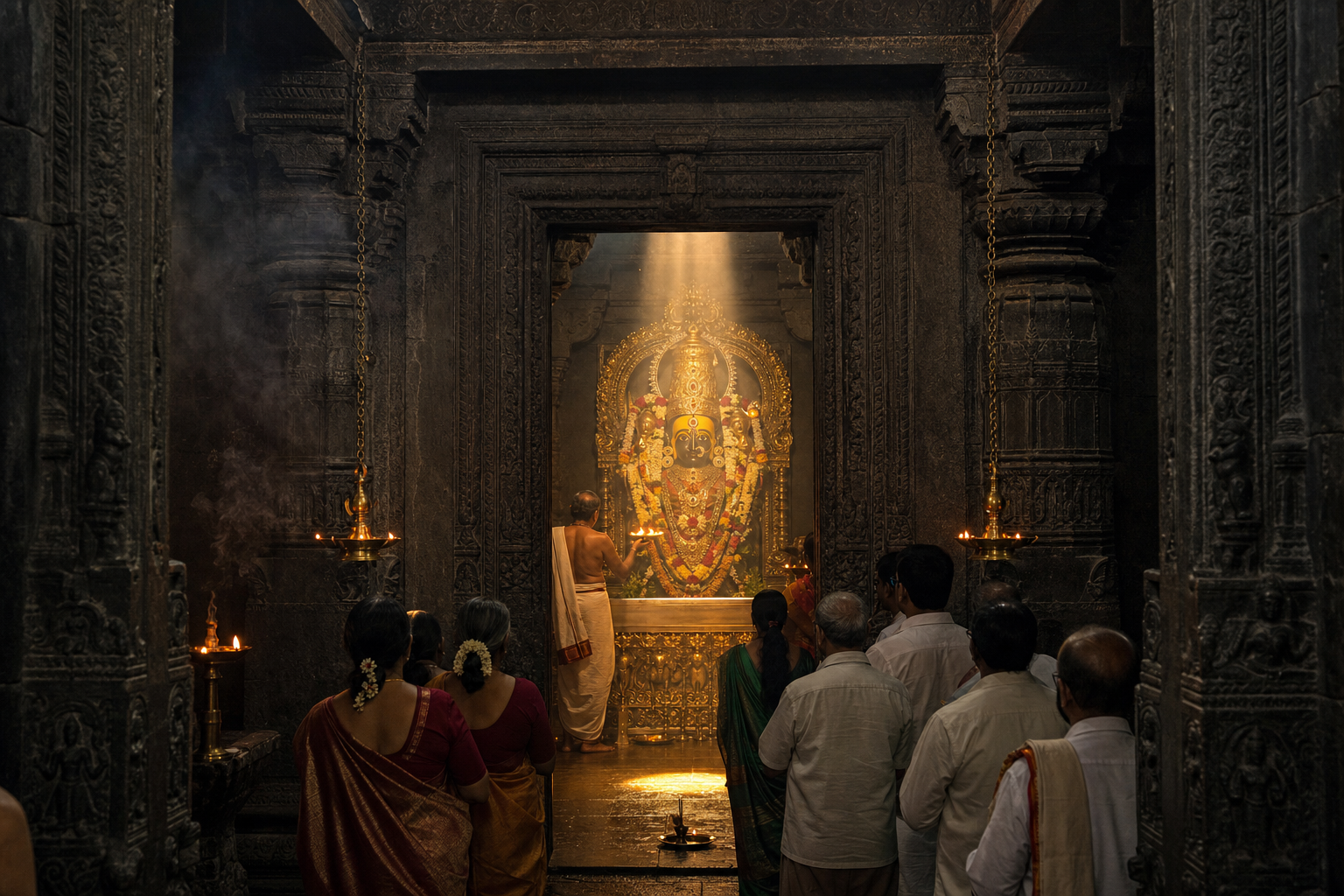A shaft of golden sunlight reaches an adorned image of Mahalakshmi inside a dark stone temple sanctum as devotees watch from the doorway.