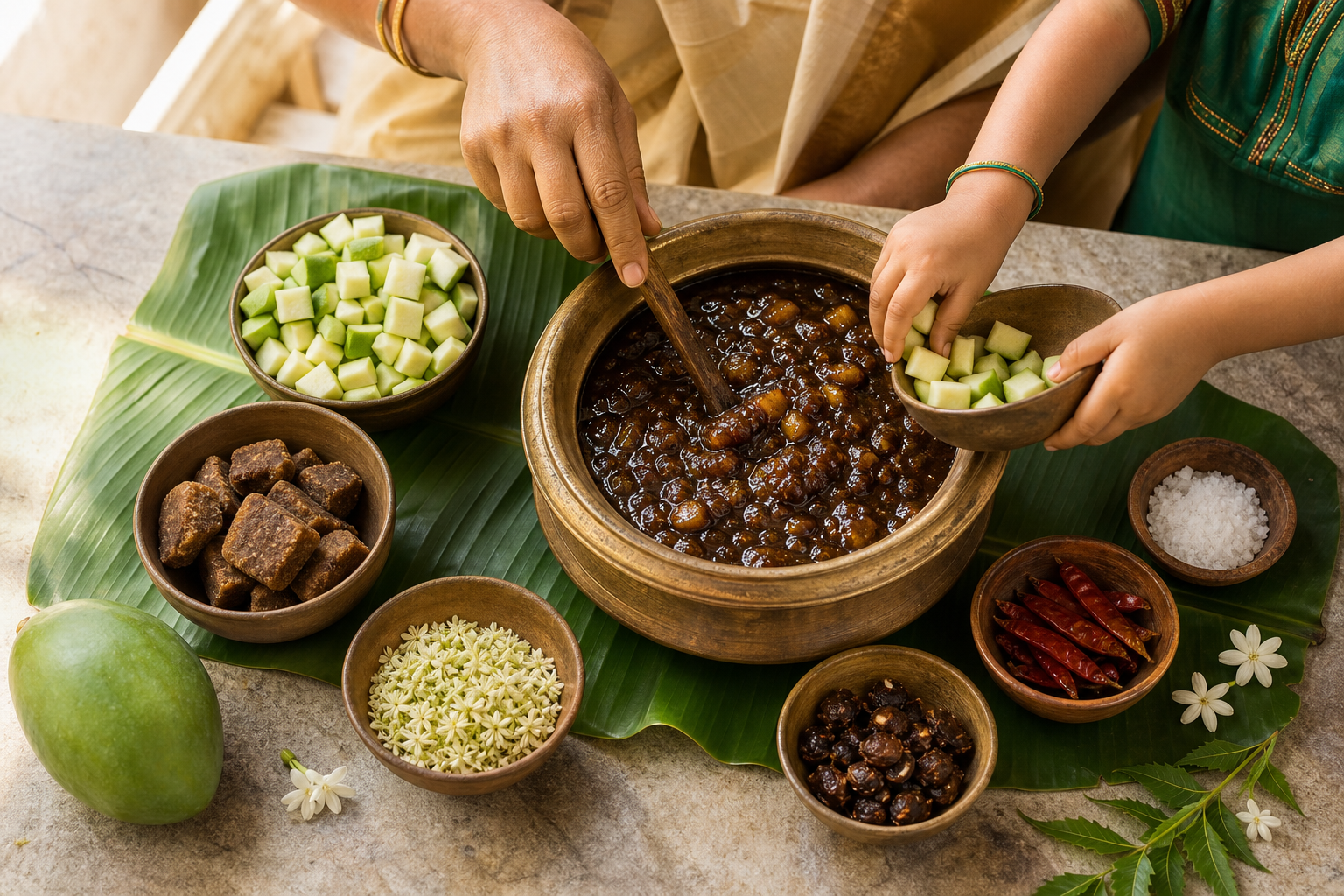 An adult and child prepare mangai pachadi with raw mango, jaggery, neem blossoms, tamarind, chilli, and salt.