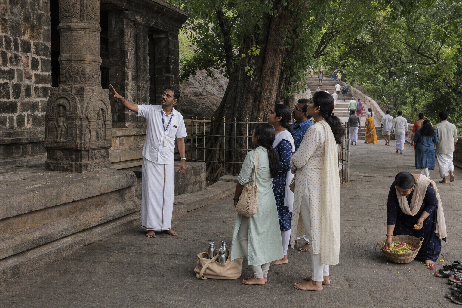 Visitors listen to a local guide beside weathered temple stonework while keeping the path clear and using reusable containers and offering baskets.