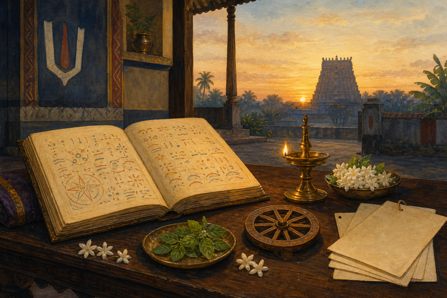 An open almanac, brass oil lamp, jasmine, tulasi leaves, calendar pages, and a star wheel in a South Indian home at dawn, with a temple tower in the distance.