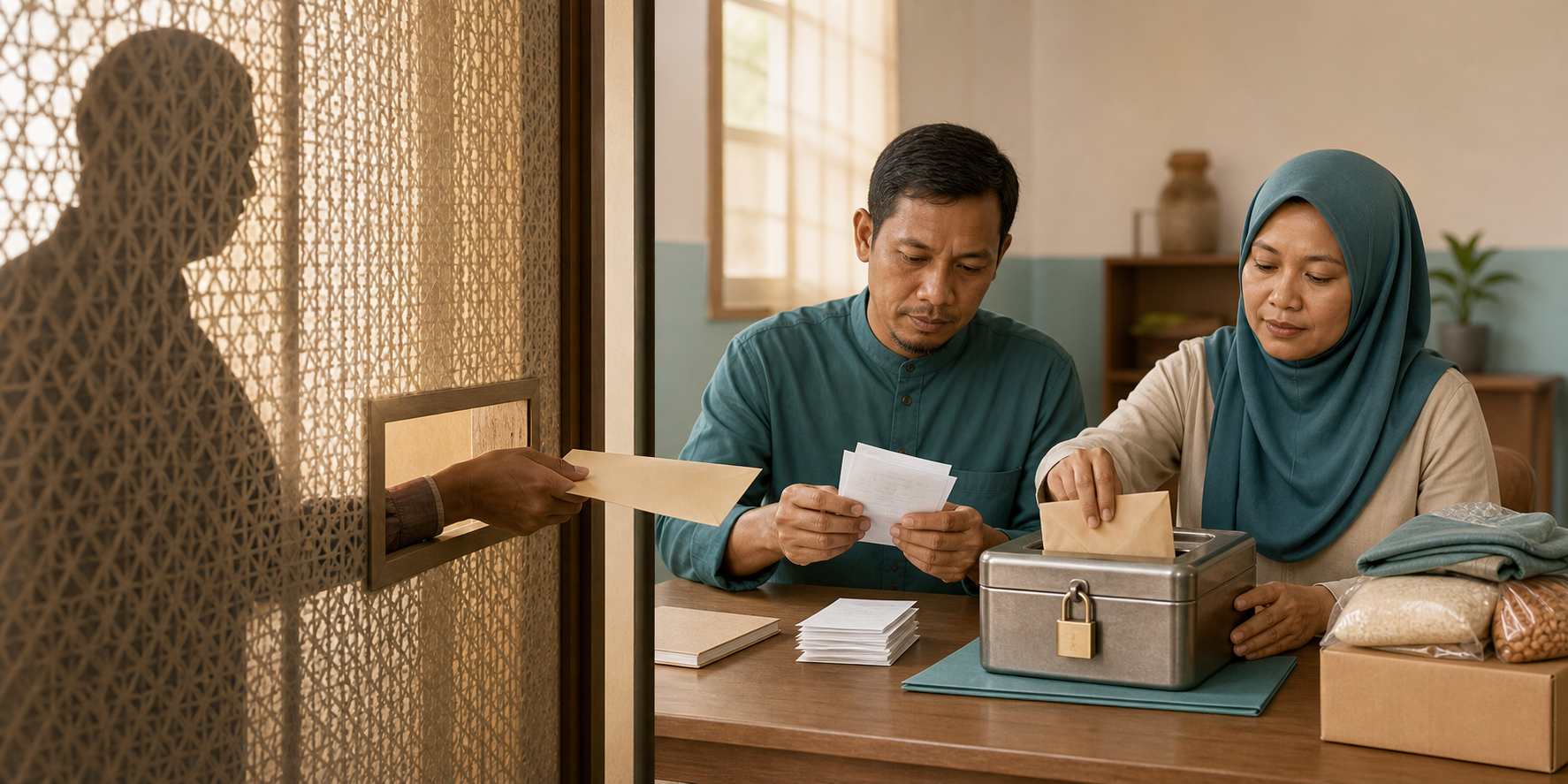 An unseen donor passes an envelope through a lattice screen while two visible stewards verify records and secure the gift in a locked box.