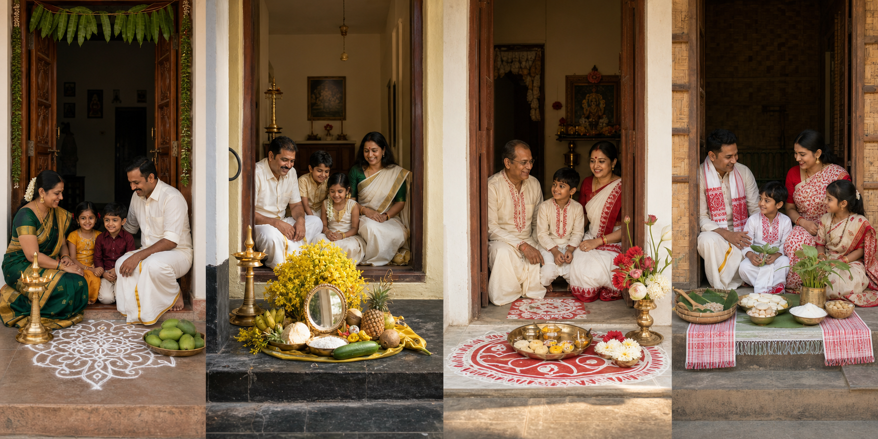 Four neighboring household scenes separately show Tamil, Kerala, Bengali, and Assamese spring New Year traditions in warm sunlight.