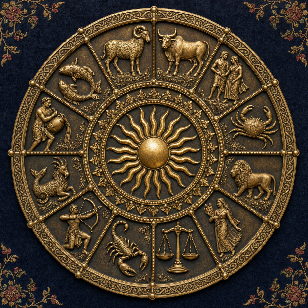 Twelve brass reliefs of the traditional rashi symbols form a circle around a glowing central sun.