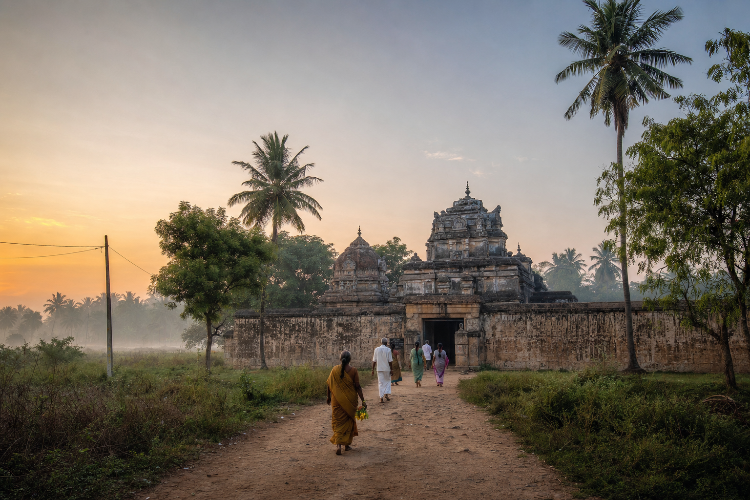 Pilgrims approach the historic Sundareswara-Akhilandeswari Temple at Tiruloki in the soft light of dawn.