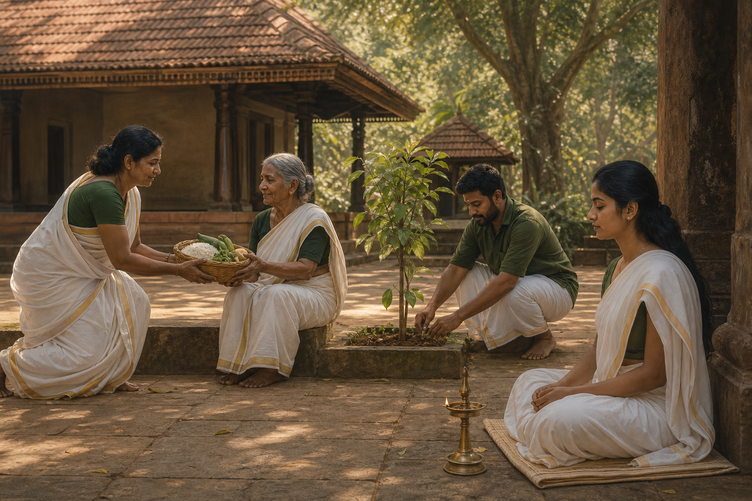 People share food, care for a young tree and reflect beside an oil lamp in a Kerala courtyard.