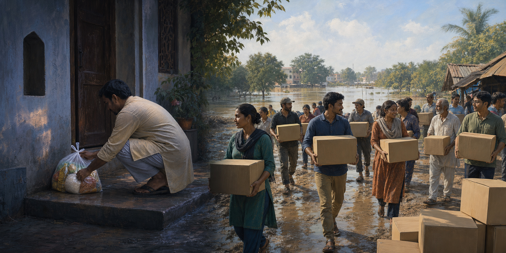 One person quietly leaves groceries at a doorway while a visible group carries relief boxes together toward a flood-response station.