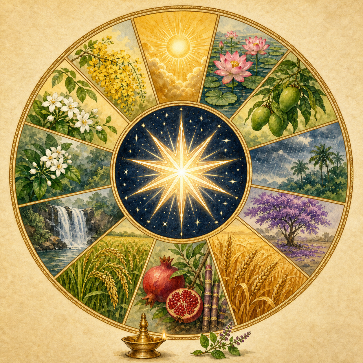 A steady golden star surrounded by a circular sequence of seasonal flowers, crops, sunlight, and rain, with blank calendar pages in the background.