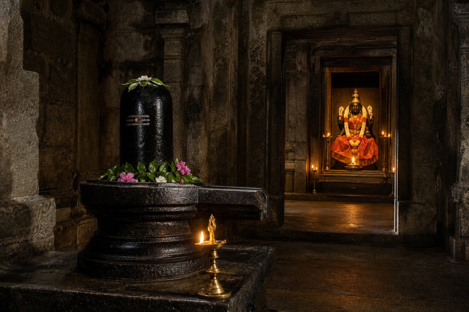 Barefoot pilgrims wait in a stone-pillared temple hall while a priest prepares lamps and flowers for morning worship.