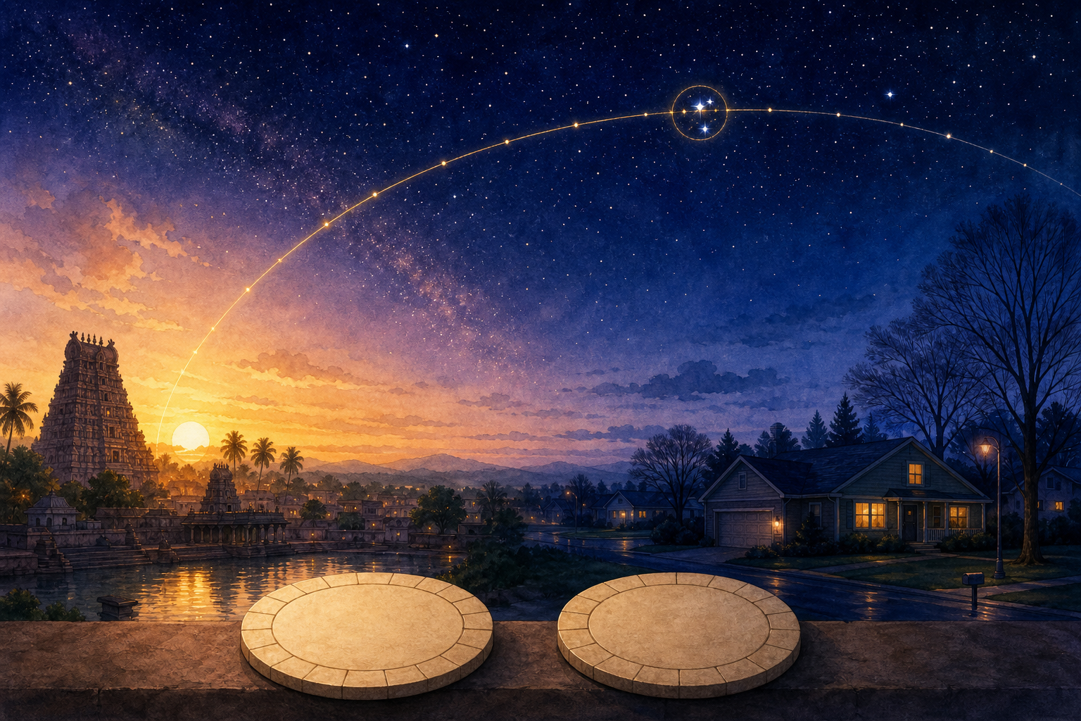 A family and temple calendar keeper observe the stars at sunrise in a South Indian temple courtyard while the keeper holds a blank palm-leaf almanac.