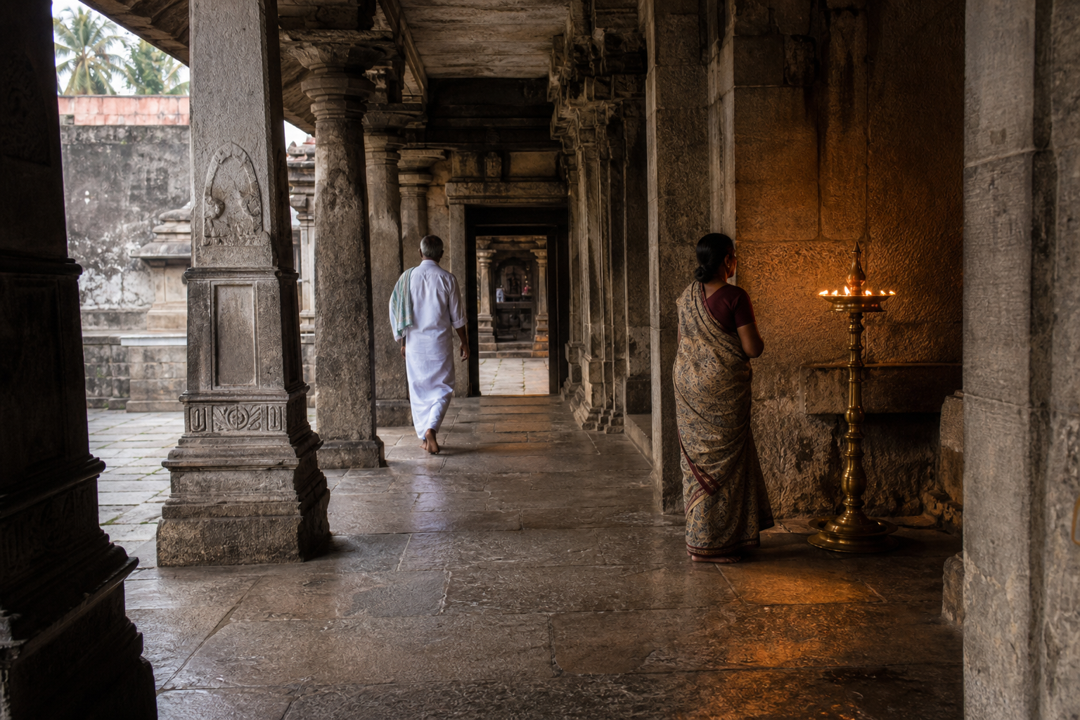 A pilgrim moves from a Shiva linga shrine with bilva leaves toward a warmly lit goddess shrine decorated with red flowers.