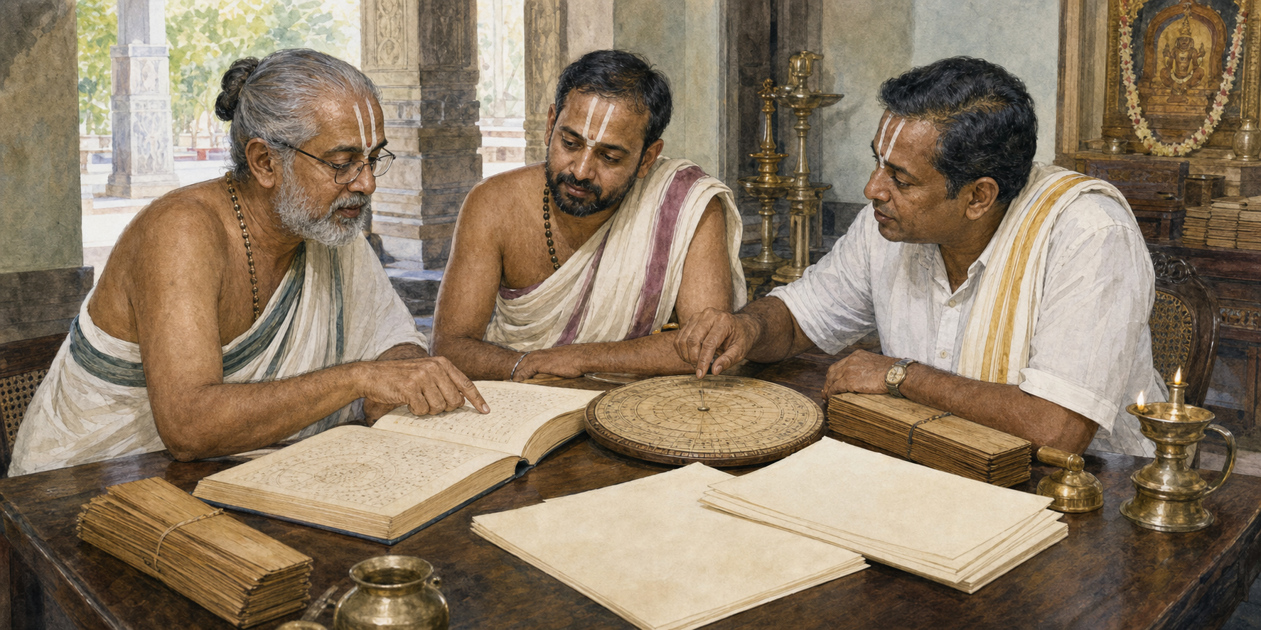 A family sits with joined hands before a simple home shrine with a brass Vishnu icon, oil lamp, tulasi leaves, jasmine, fruit, water, and homemade food.