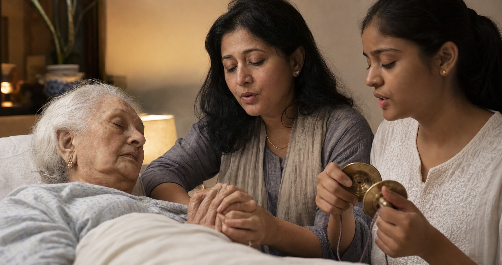 Family members sit close to a patient's bedside, offering gentle touch and chanting together while one holds small hand cymbals.
