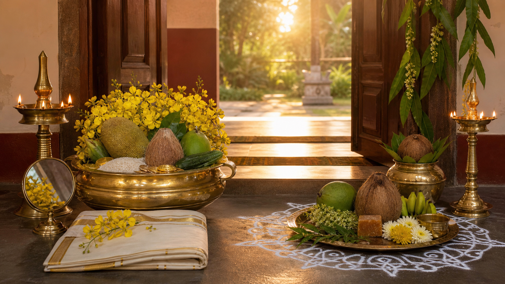 Vishukkani and Tamil Puthandu arrangements stand side by side at a sunlit doorway, with brass lamps, flowers, fruit, rice, a mirror and a kolam.