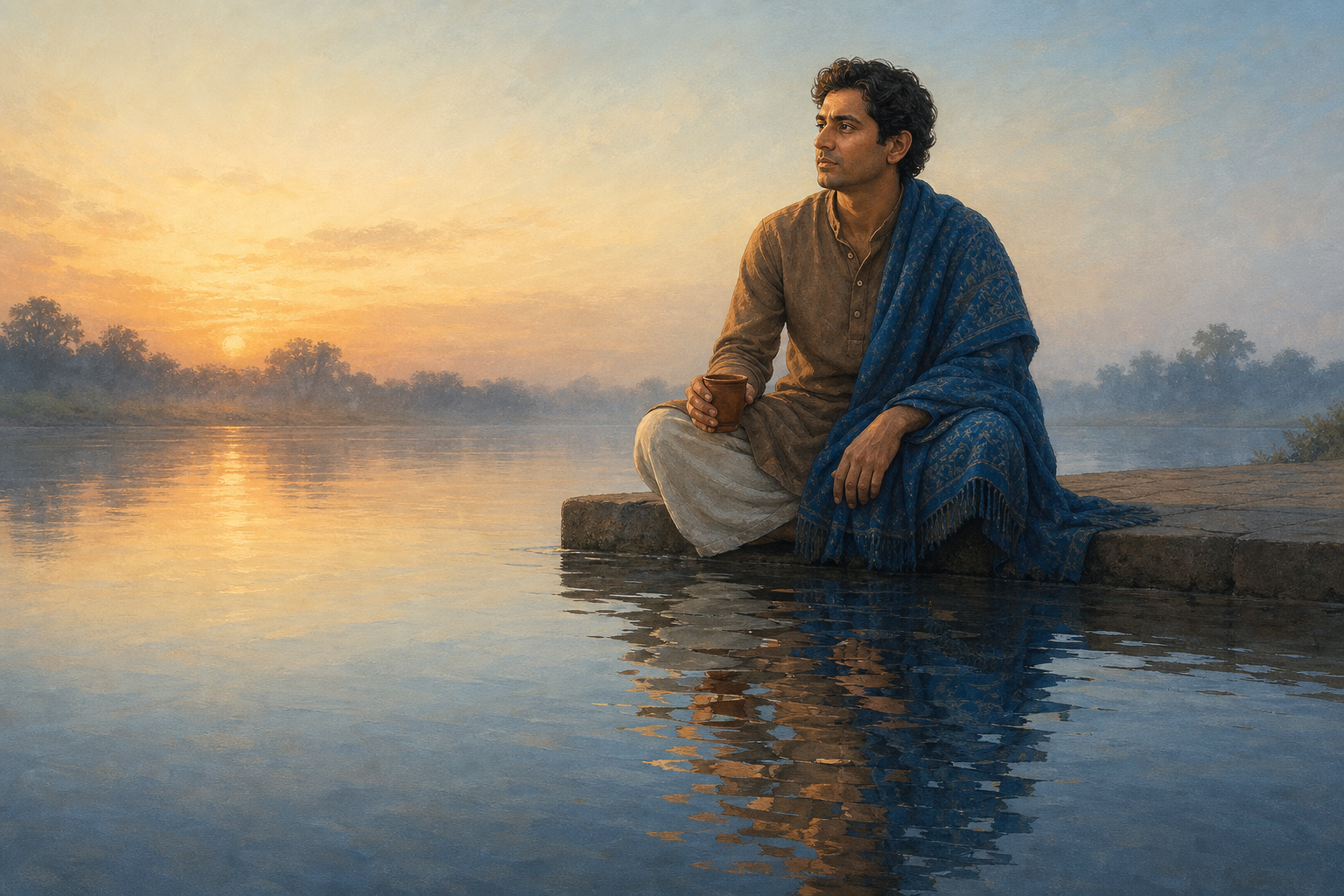 A seated person in a blue shawl remains clearly visible beside a river while gentle ripples fragment their reflection in the water.