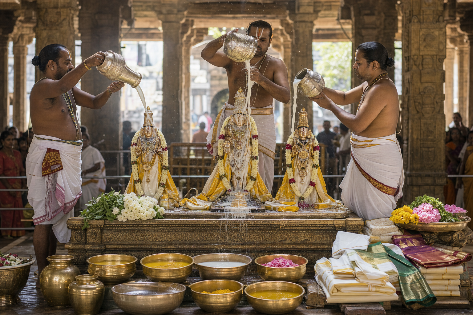 Priests performing a ceremonial ablution for three flower-adorned processional deities inside a stone-pillared mandapam.