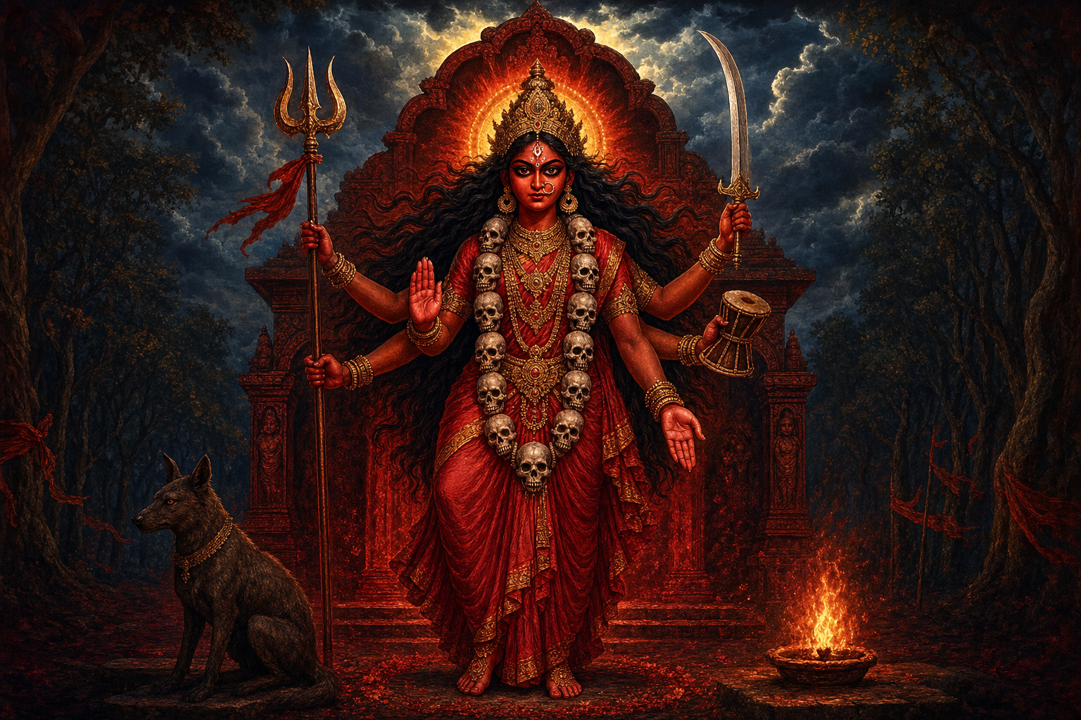 Fierce red-hued goddess Rakta Chamundi stands in a forest shrine with a skull garland, trident, sword, drum, protective hand gesture, and crimson aura.