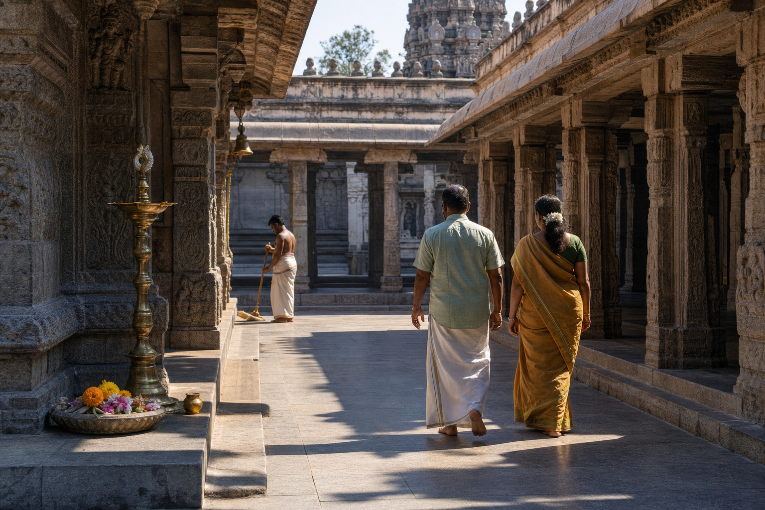 Two pilgrims walk along a sunlit circumambulatory path beside weathered granite walls in a quiet Tamil temple courtyard.