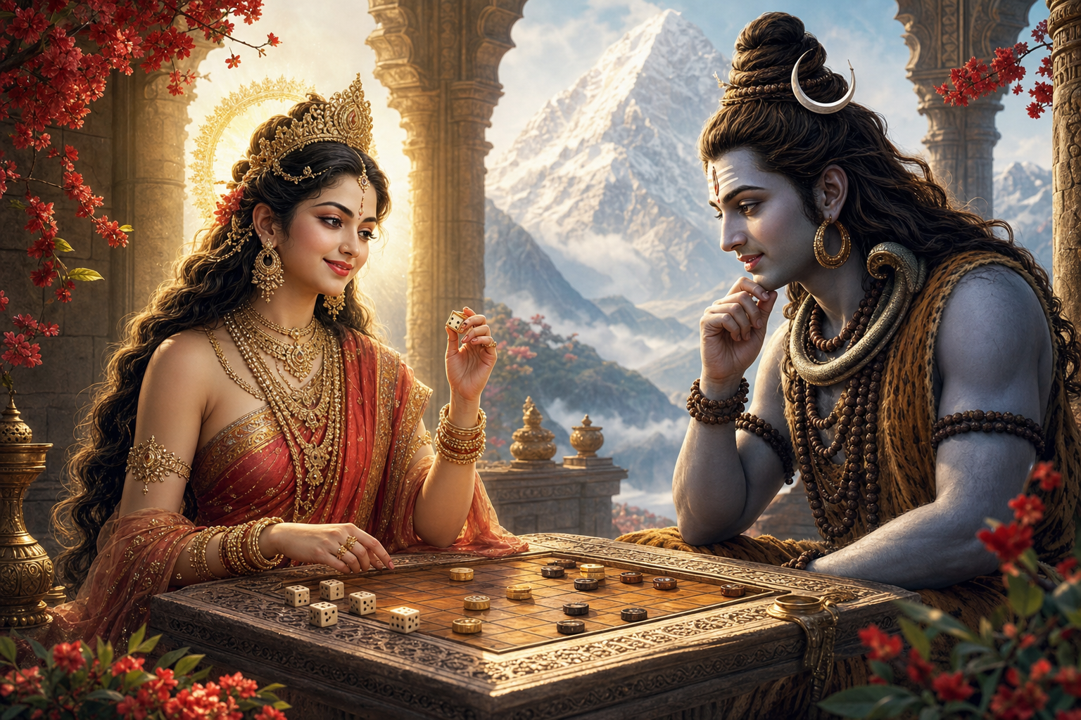 Parvati smiles calmly after winning a dice game while Shiva looks thoughtfully at the pieces on the board.