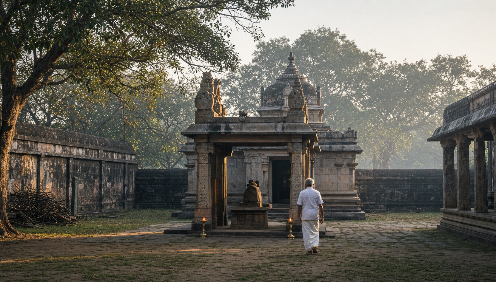A devotee approaches the stone entrance and courtyard of Tiruloki Sundareswara-Akhilandeswari Temple in soft morning light.