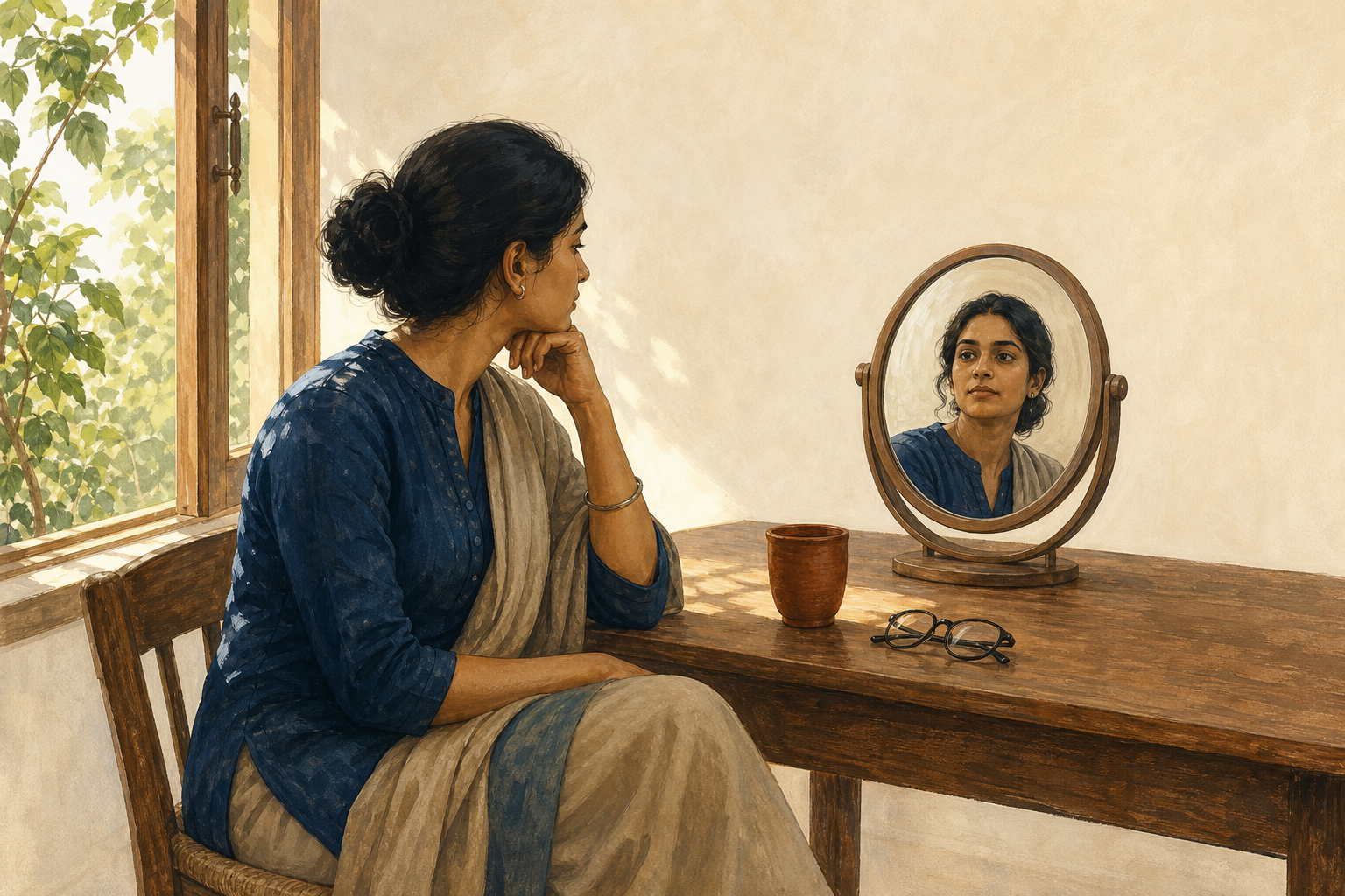 A woman observes her reflection, a clay cup, and folded eyeglasses while sitting beside a sunlit window.