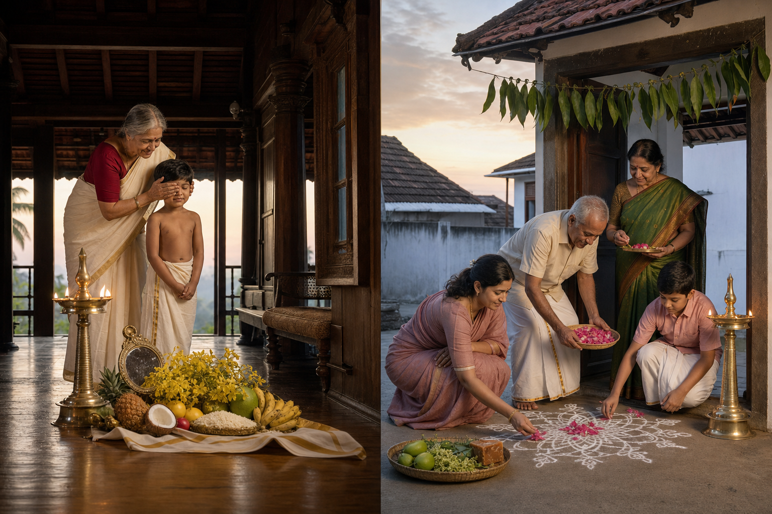 A Kerala family approaches a lamp-lit Vishukkani while a Tamil family prepares a kolam and festive offerings beneath the same dawn sky.