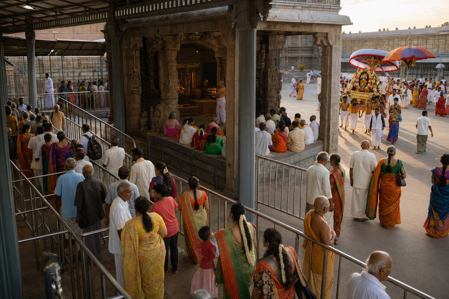 Pilgrims in a temple complex follow a darshan queue, observe a rite in a pillared hall, and watch a procession in the courtyard.