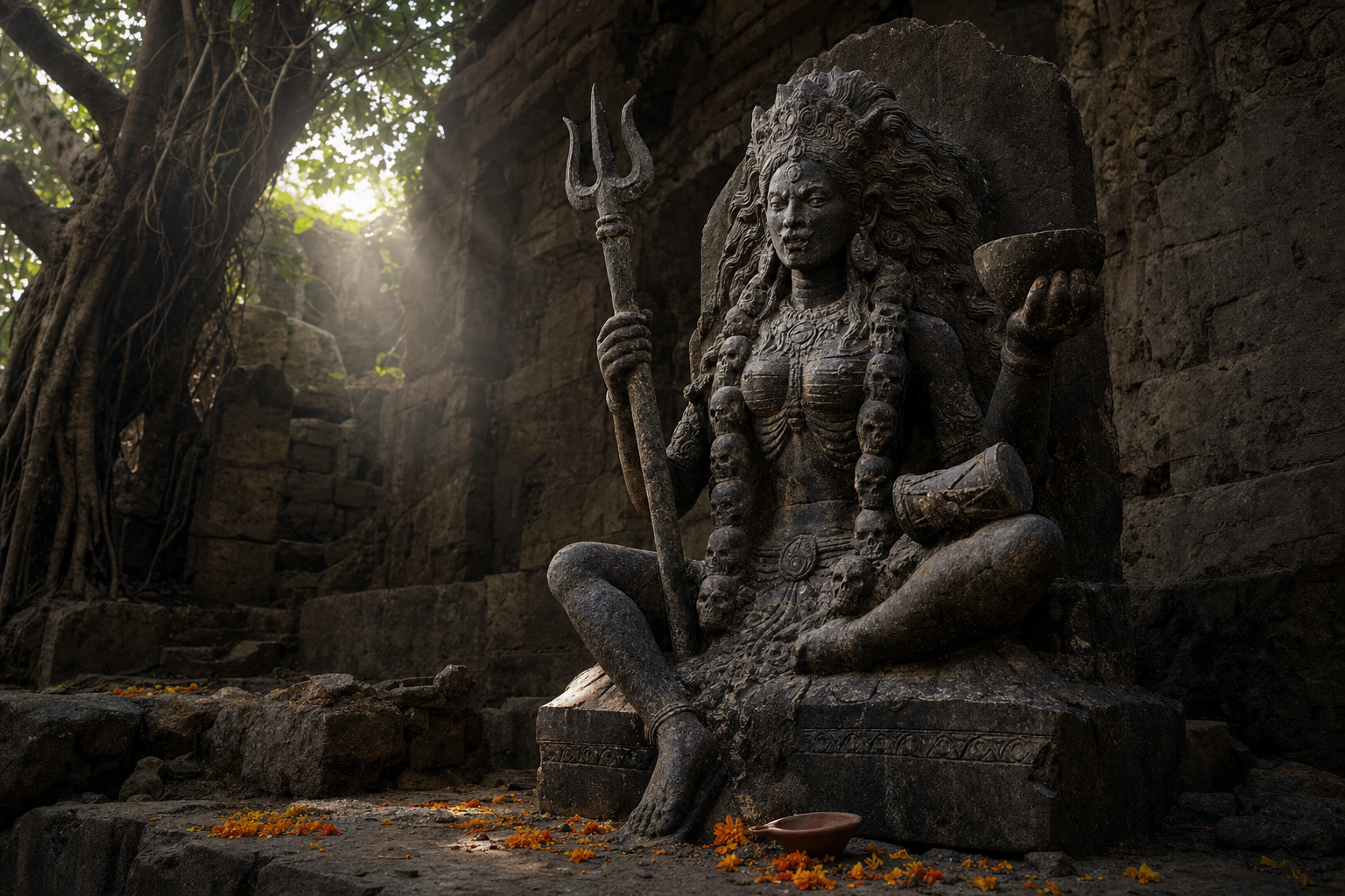 Weathered stone figure of Chamunda beneath a banyan tree, shown with wild hair, a skull garland, trident, ritual bowl, and small drum.