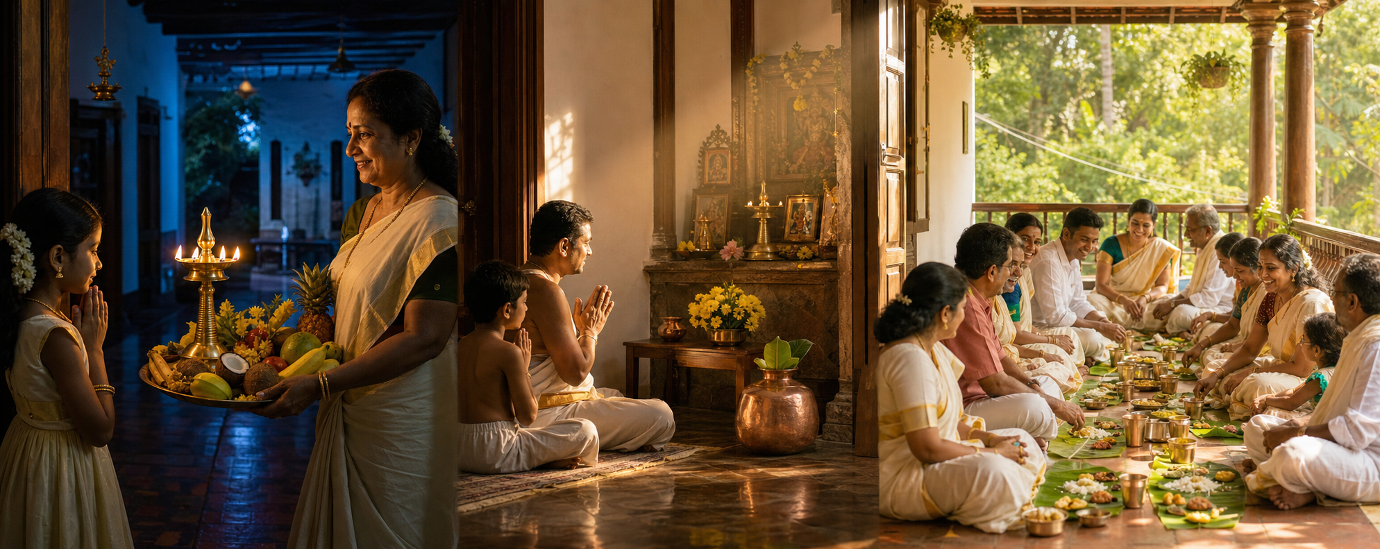 A panoramic sequence moves from an auspicious first sight before dawn to morning worship and a family meal in full daylight.