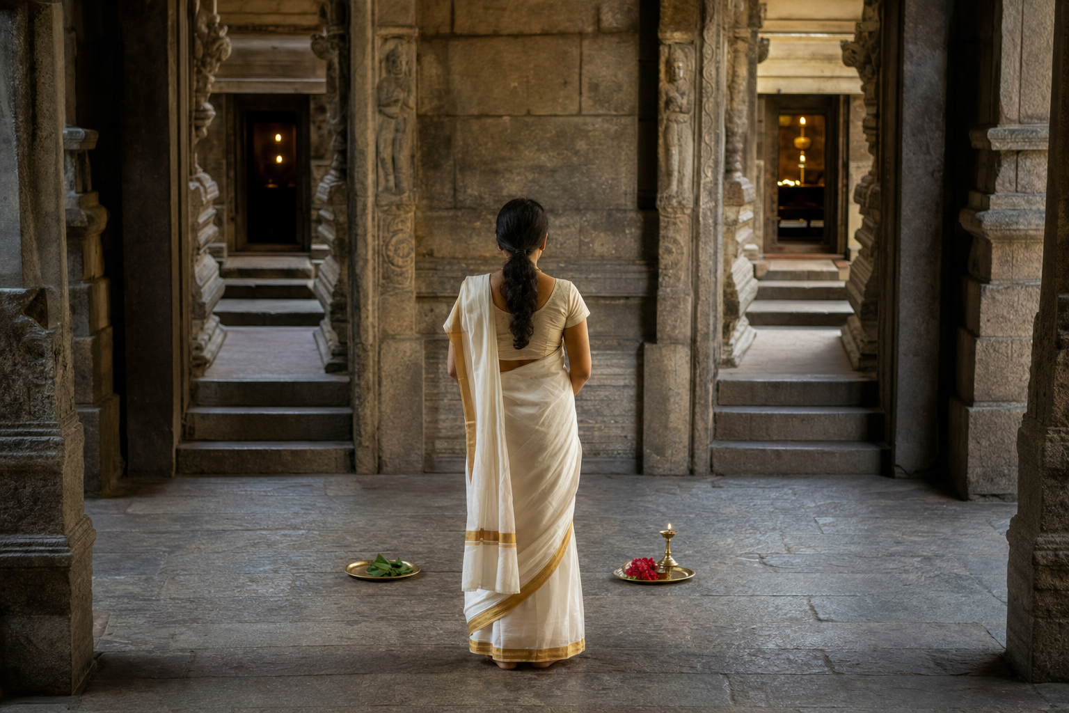 A devotee pauses between two stone shrine approaches with bilva leaves, red flowers, and brass lamps arranged for worship.