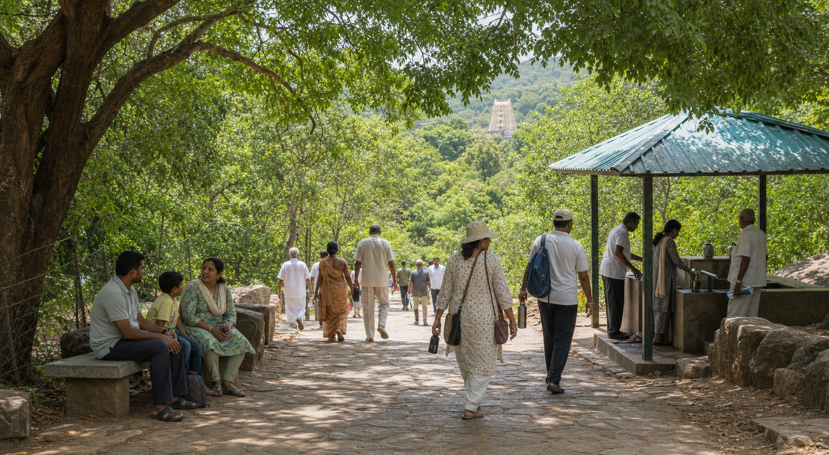 Pilgrims carrying water walk and rest beneath trees on a warm spring day in the Tirumala hills.