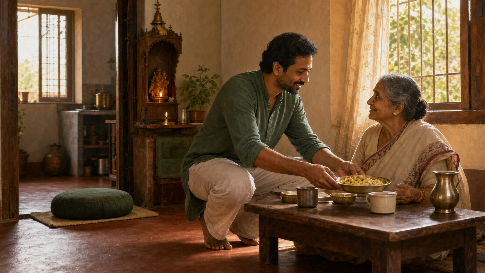 A person serves breakfast to an older relative in a tidy home while an oil lamp glows near a small shrine.
