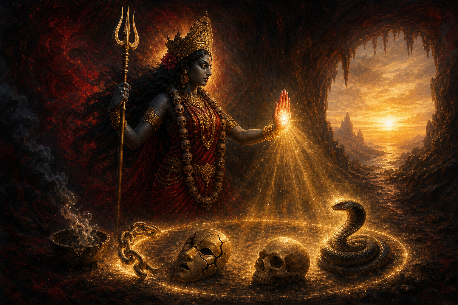 Rakta Chamundi illuminates a broken chain, cracked mask, skull, serpent, and fading flame as a dark cavern opens toward golden light.
