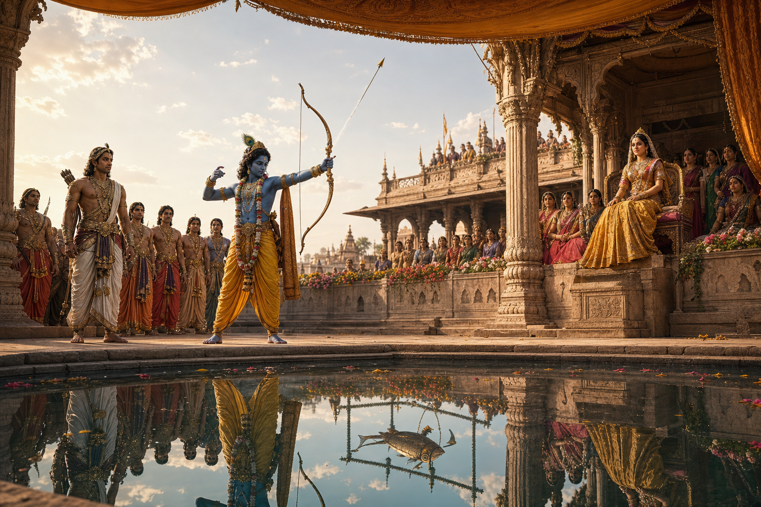 Bhagavan Krishna shoots upward while looking into a pool that reflects the concealed fish target, as Arjuna, Lakshmana, and the royal assembly watch.