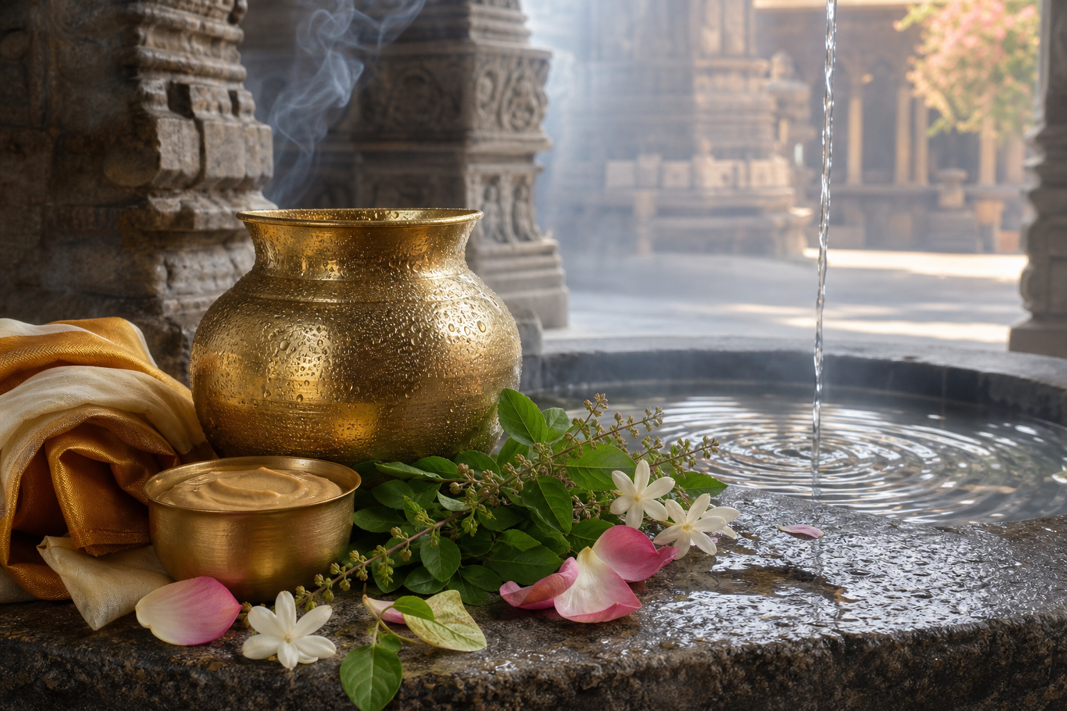 A brass ritual vessel, sandalwood paste, tulasi, jasmine, and flowing water arranged inside a cool stone mandapam.