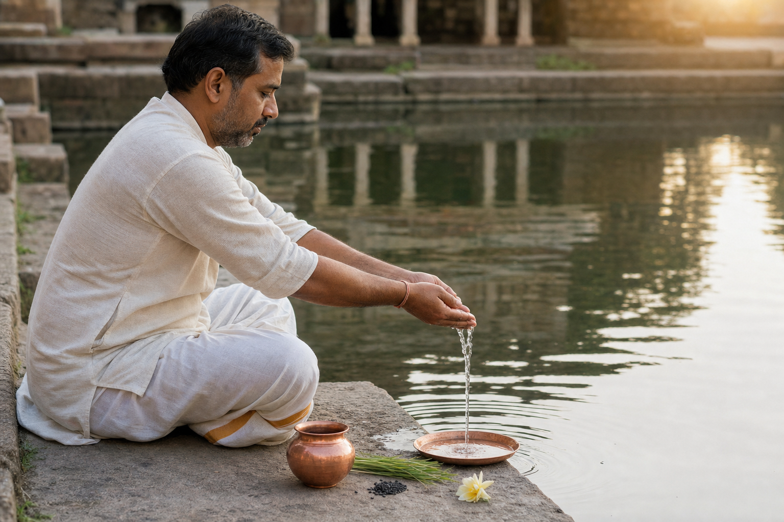 An adult seated beside a temple tank pours water from cupped hands during a quiet ancestral offering, with a copper vessel, darbha grass and sesame nearby.