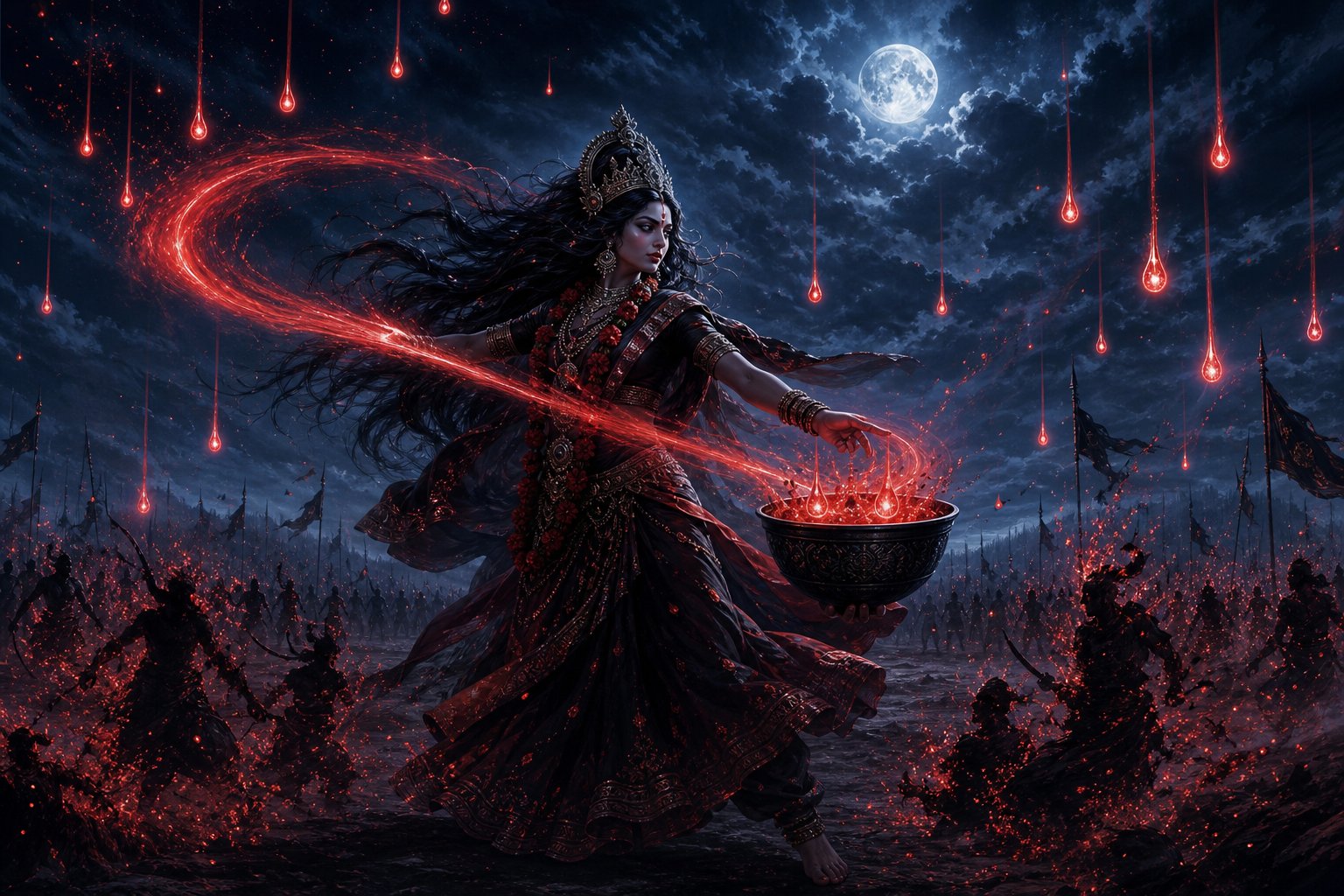 Rakta Chamundi catches suspended scarlet drops in a bowl while multiplying shadow figures dissolve into embers on a moonlit battlefield.