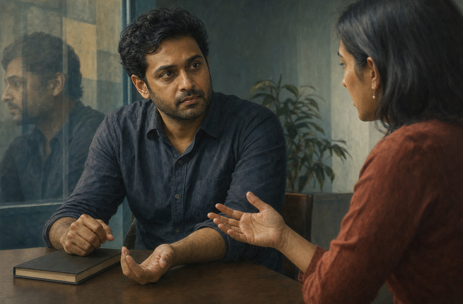 Two people face each other across a table as one person relaxes a clenched hand and listens during a tense conversation.
