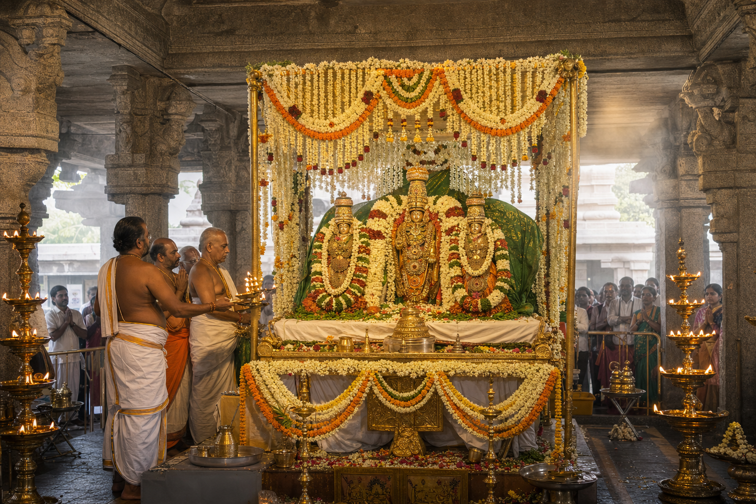 Sri Malayappa Swamy with Sridevi and Bhudevi displayed beneath flower garlands in a stone mandapam as priests conduct worship and devotees gather nearby.