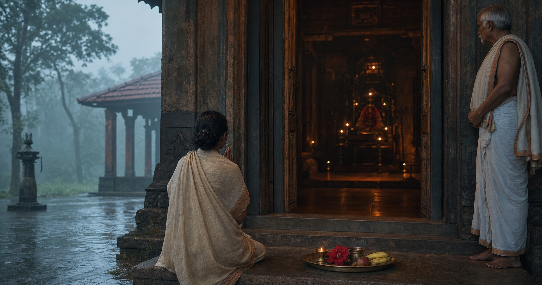 A devotee prays from the threshold of a softly lit South Indian goddess shrine beside simple flowers, fruit, water, and an oil lamp.