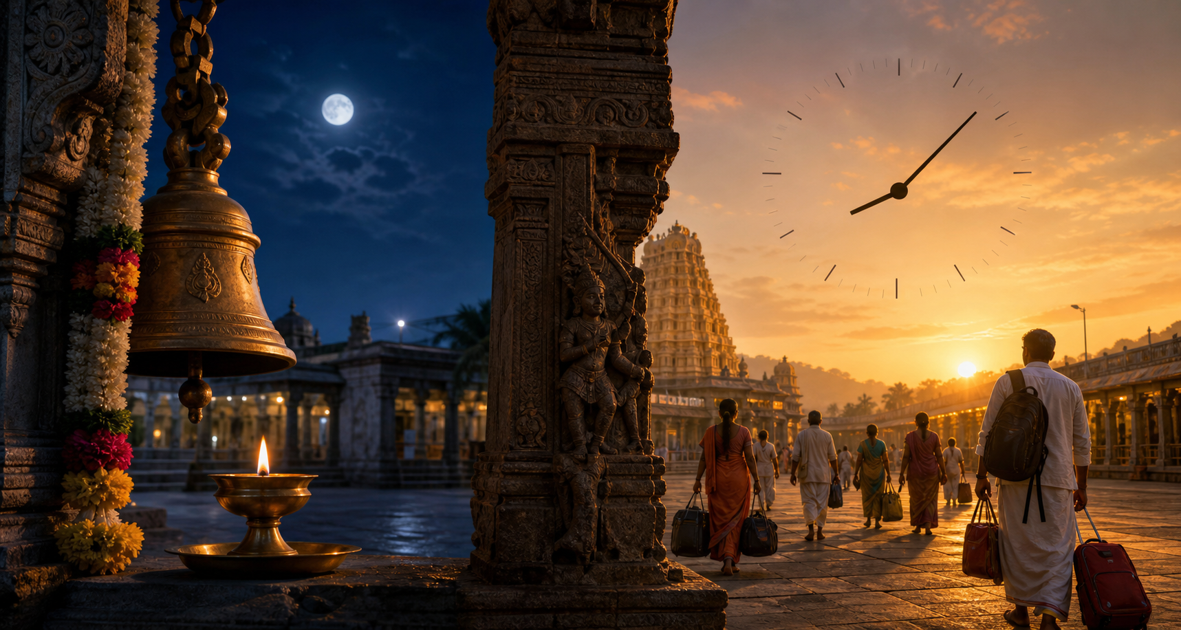 A temple courtyard shifts from moonlight with a bell and oil lamp to sunrise with a numberless clock, travel bags, and arriving pilgrims.