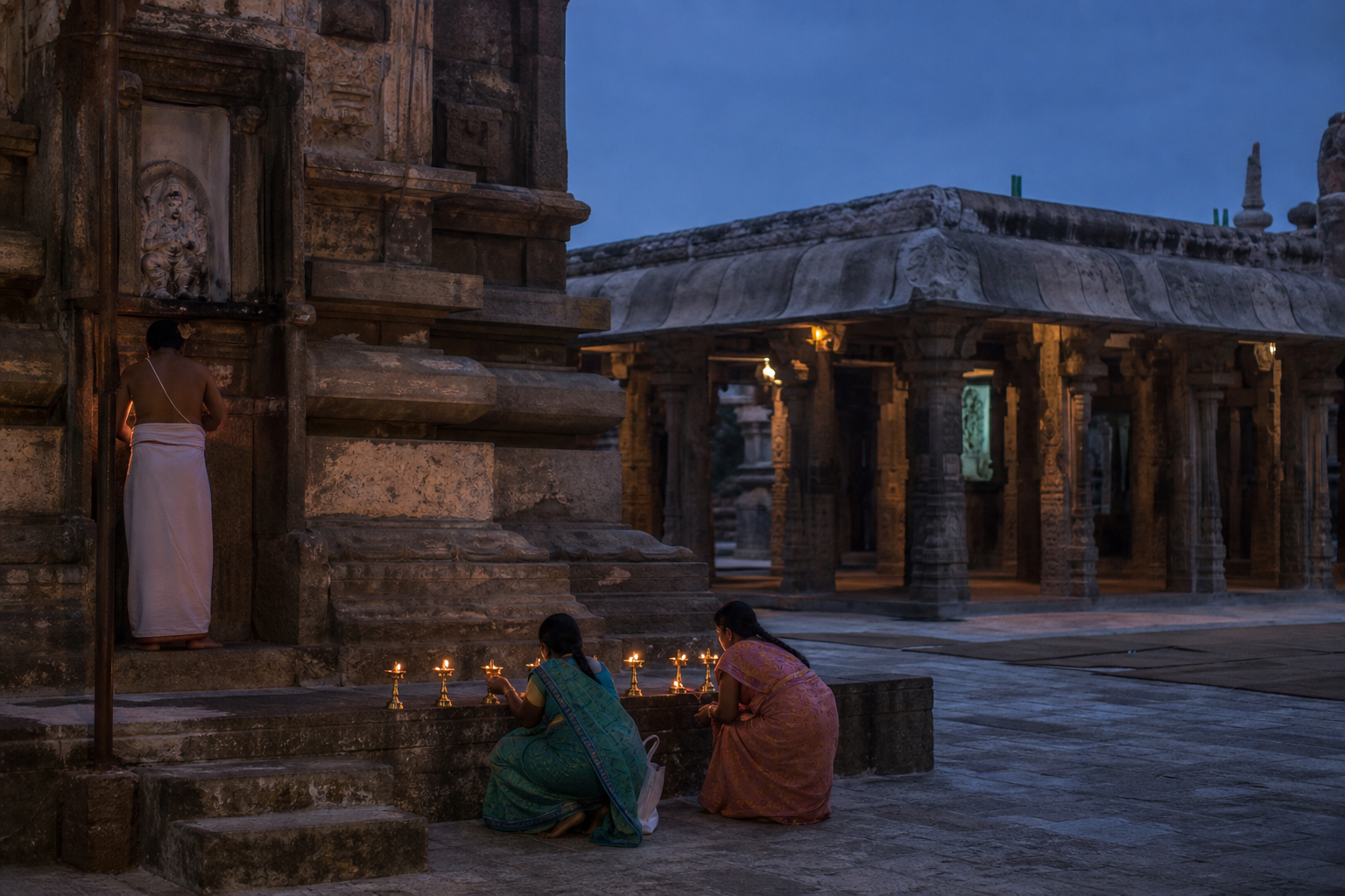Devotees and a temple attendant light brass oil lamps in a stone courtyard at early evening.