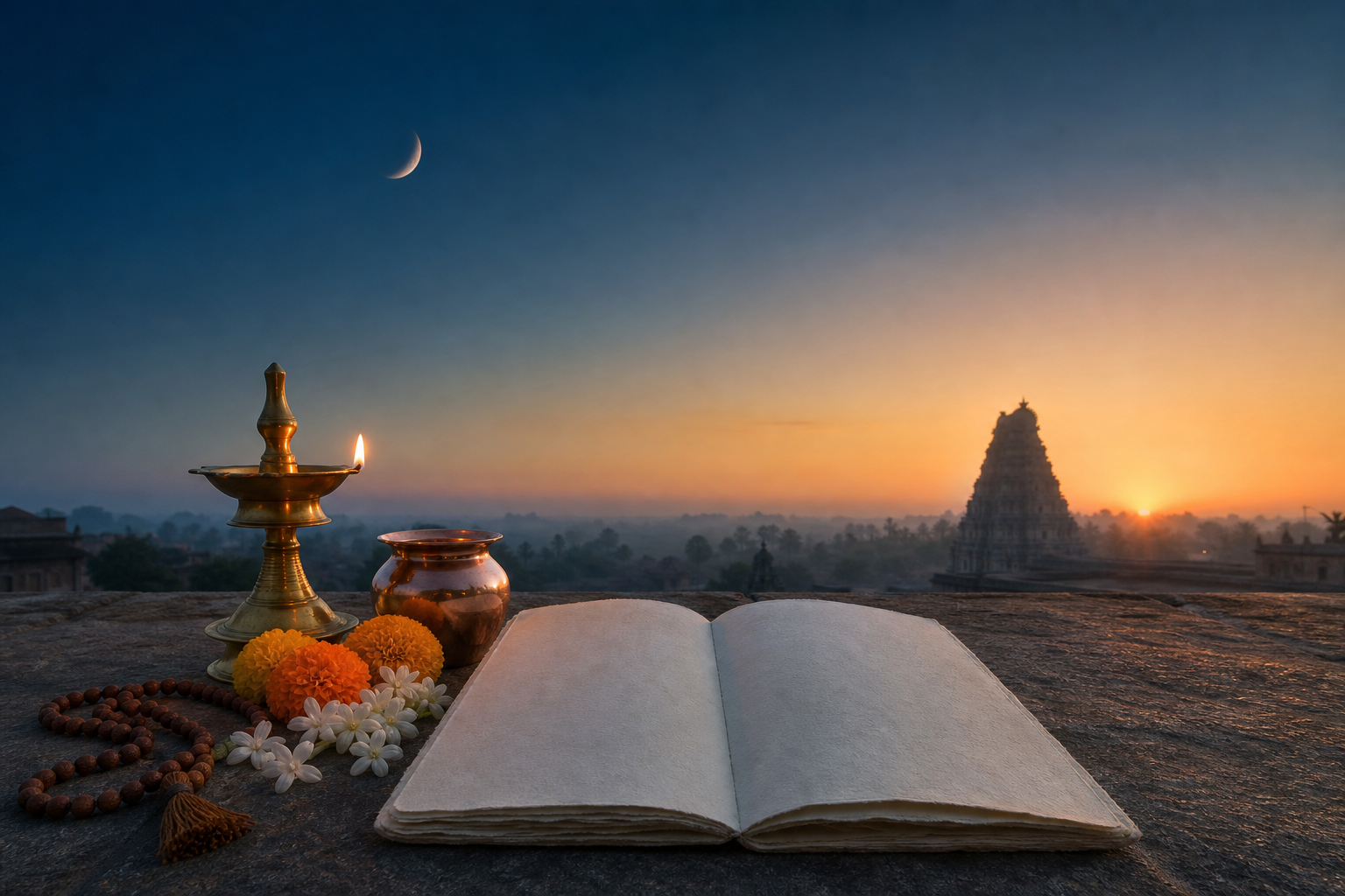 Brass lamp, copper vessel, flowers, prayer beads and an unmarked almanac on a terrace at dawn, with a pale moon above a distant temple.