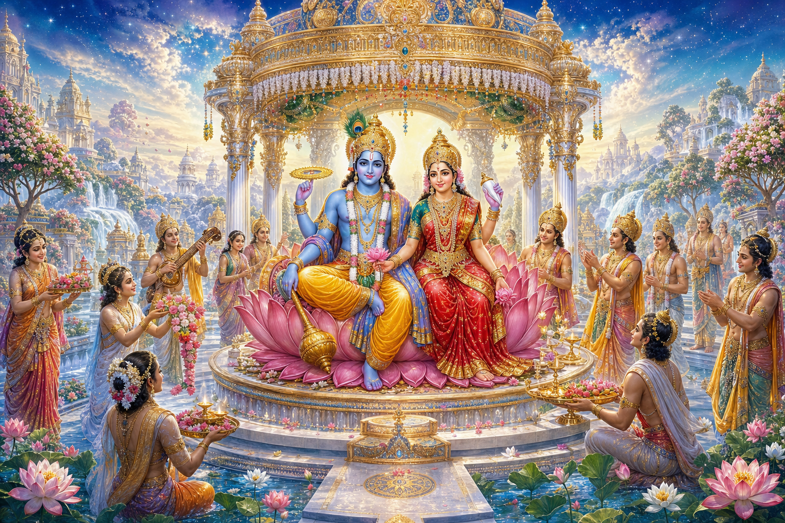 Lord Vishnu and Goddess Lakshmi sit on a lotus throne in a luminous celestial garden while distinct liberated souls offer garlands, lamps, and music.