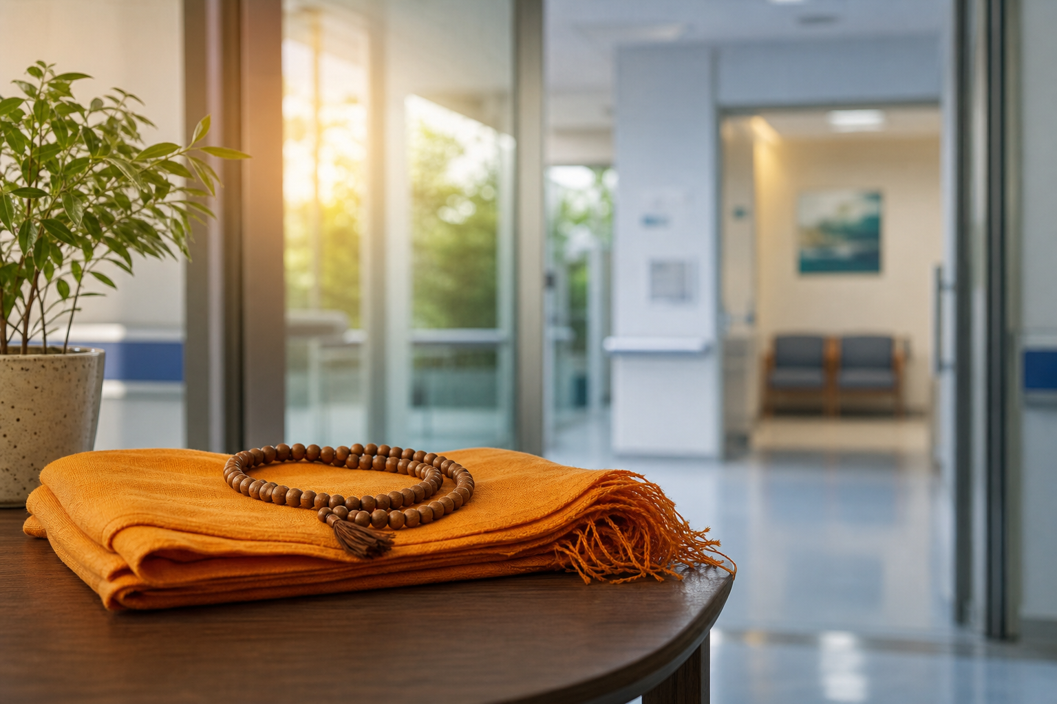 Wooden prayer beads and a folded saffron shawl rest on a table near a quiet modern hospital corridor.