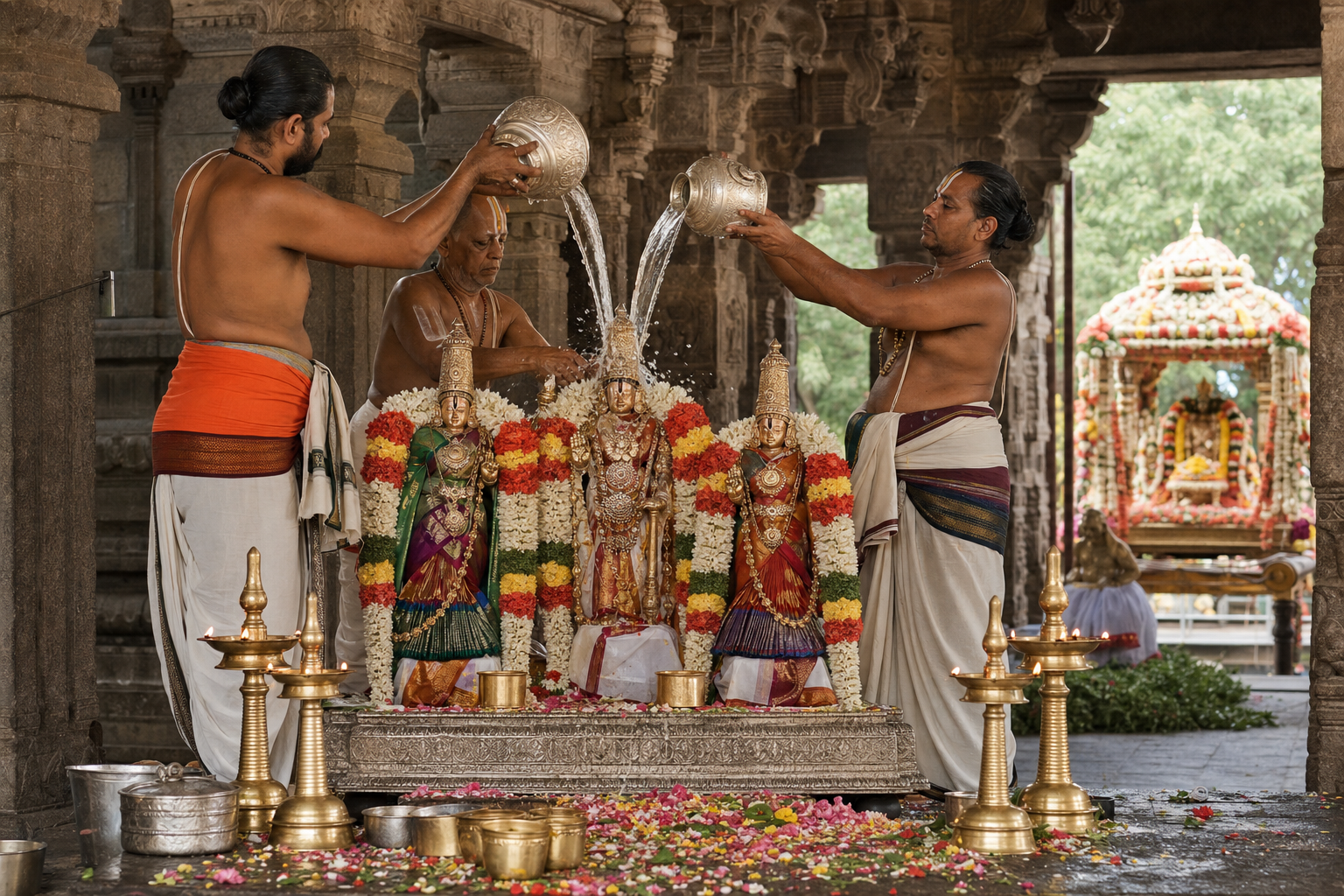 Temple priests pour consecrated water over three adorned processional deities during a ceremonial bathing ritual in a flower-decorated mandapam.