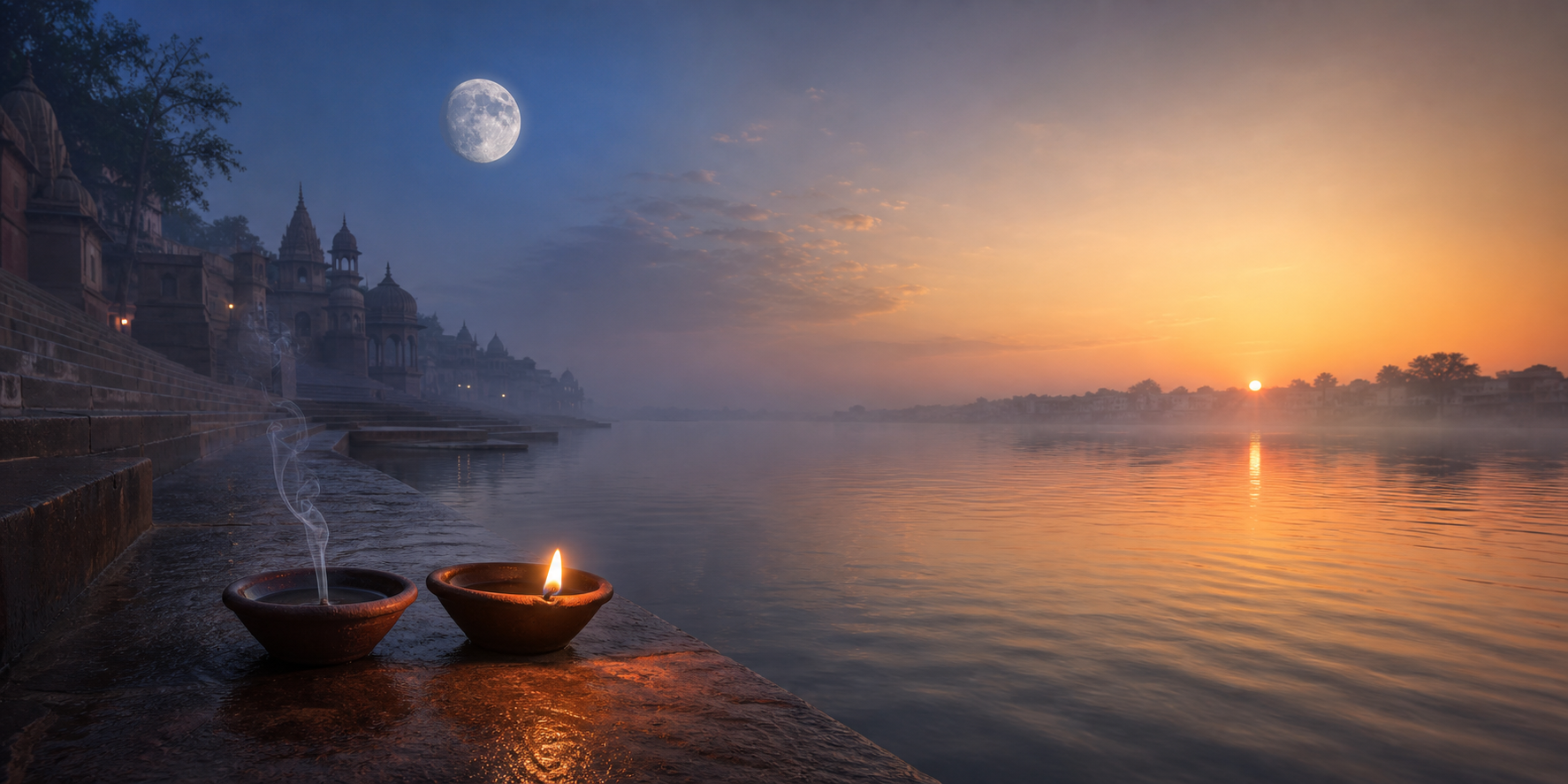 A nearly full moon over a misty riverside ghat at sunrise, with one dim oil lamp beside a newly lit lamp in the foreground.
