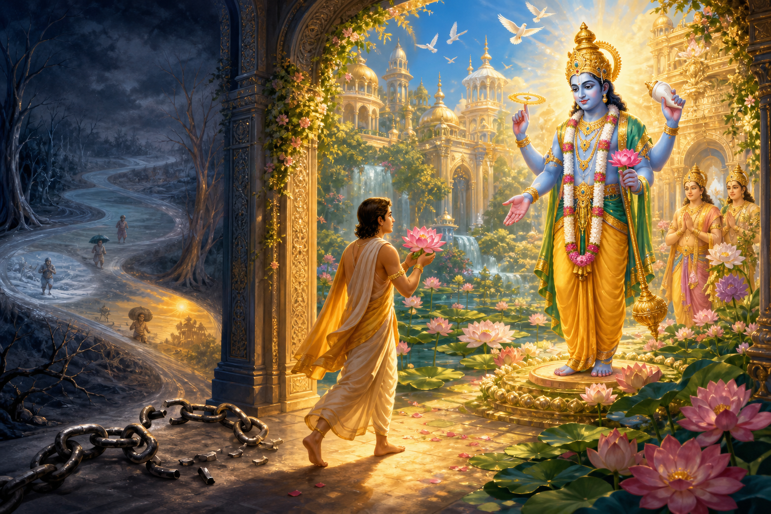 A radiant individual soul leaves an opened chain behind and carries a lotus toward Lord Vishnu in a bright celestial garden.